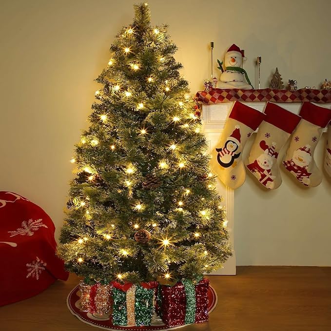 4.5 Ft Full Christmas Tree with Warm White&Color Lights, Frosted Smoky Pine,Pine Cones, 150 LEDs, Timer, Small Xmas Tree Decoration for Home, Tabletop, Office, Indoor, Outdoor, Metal Hinges Stand