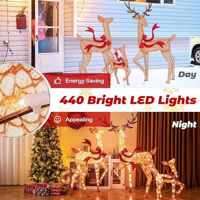 Tangkula 3-Piece Lighted Christmas Reindeer Family Set, 6 FT Xmas Lighted Deer Decorations with 440 Warm White LED Lights & Stakes, Indoor & Outdoor Holiday Decor for Front Yards Garden Lawn Patio