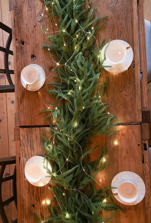 MISSPIN 14ft Christmas Garland with Lights, Real Touch Norfolk Pine Garland, Green Artificial Greenery Garland for Table, Mantle, Wall, Indoor, Outdoor Christmas Decorations