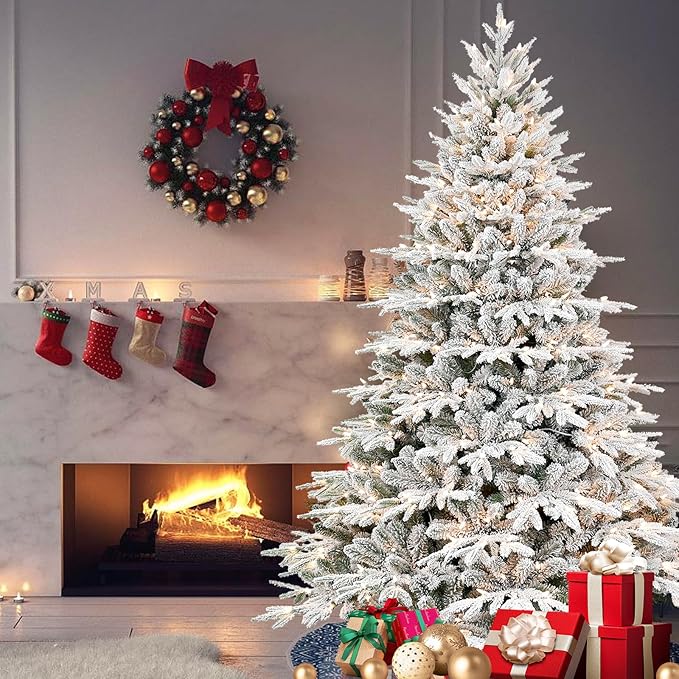 Prelit Flocked Artificial Full Christmas Tree 6FT with 2056 PE PVC Tips, Premium Snow Pre-Lit Holiday Xmas Tree with 400 UL Incandescent Lights, Foldable Base for Home Office Party