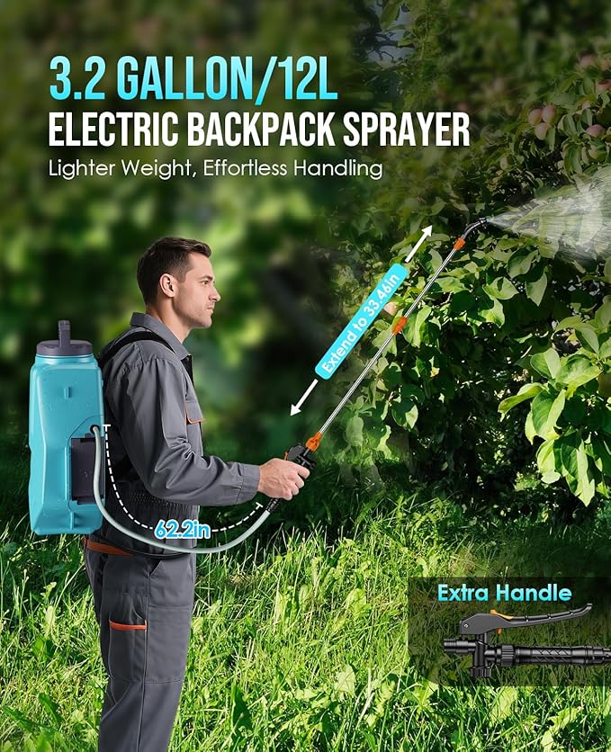 Battery Powered Backpack Sprayer 3.2 Gallon - 2x2500mAh Battery Garden Sprayer with 7 Nozzles & Telescopic Wand, Electric Backpack Weed Sprayer for Yard, Lawn and Garden