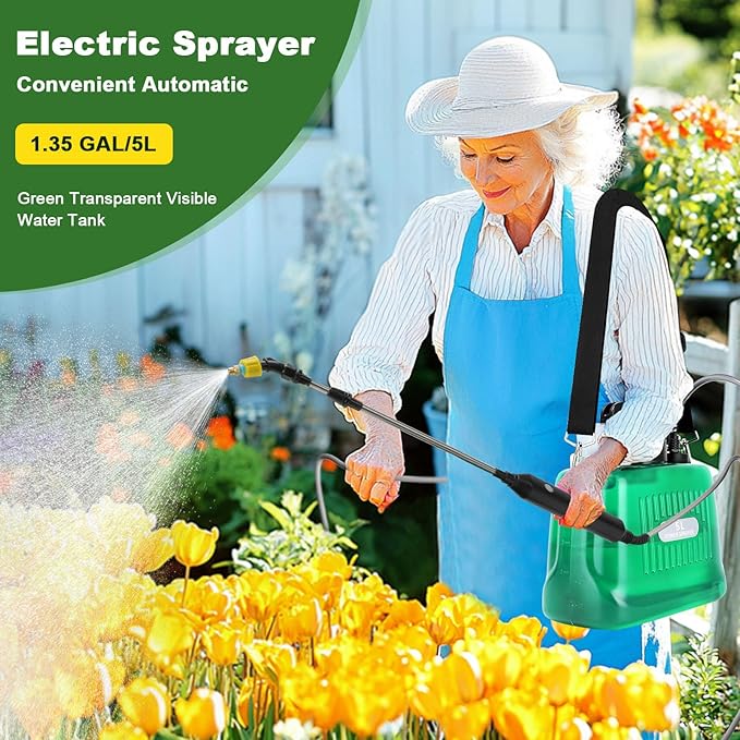 Pump Sprayer 1 Gallon Battery Powered Sprayer 1 Gallon, Upgrade Powerful with 3 Mist Nozzles, Rechargeable Handle, Retractable Wand, Sprayer with Adjustable Shoulder Strap for Garden,Lawn,Cleaning