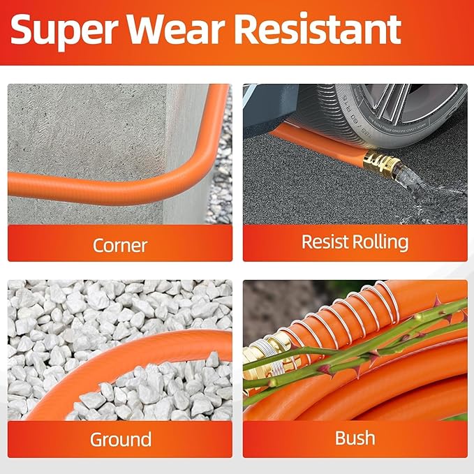 Garden Water Hose 150 ft x 3/4 in Heavy Duty, Flexible and Lightweight, Burst 600 psi, Kink-less Hybrid Rubber Pipe for Backyard, 3/4'' Brass Fittings, Orange