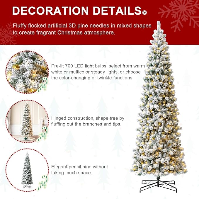 Glitzhome 11ft Pre-Lit Flocked Pencil Artificial Christmas Tree, Portland Snowy Pine Pencil Christmas Tree with 700 LED Lights, 9 Functional Warm White/Multi-Color, Remote Controller