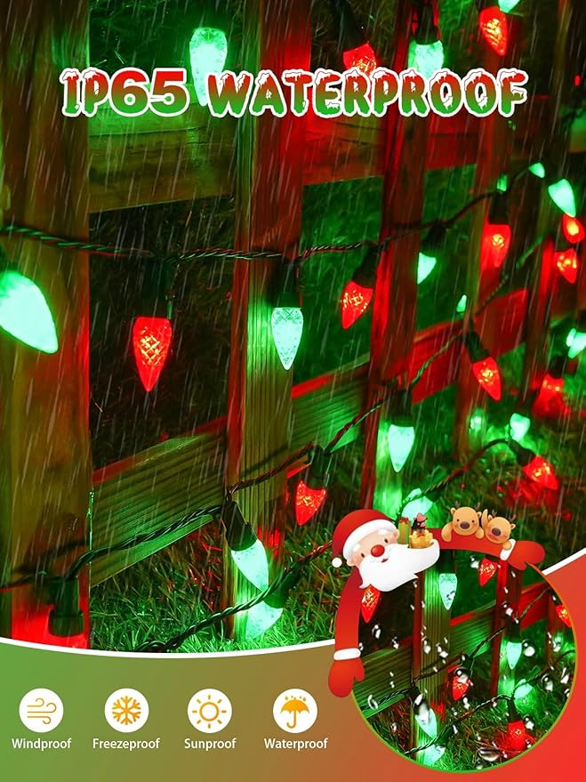 C6 Solar Christmas Lights Outdoor, 50 LED 16FT Christmas Decorations Outdoor Waterproof, Solar String Lights for Outside with 8 Modes, Fairy Twinkle Light for Tree Garden Xmas Decor (Red and Green)