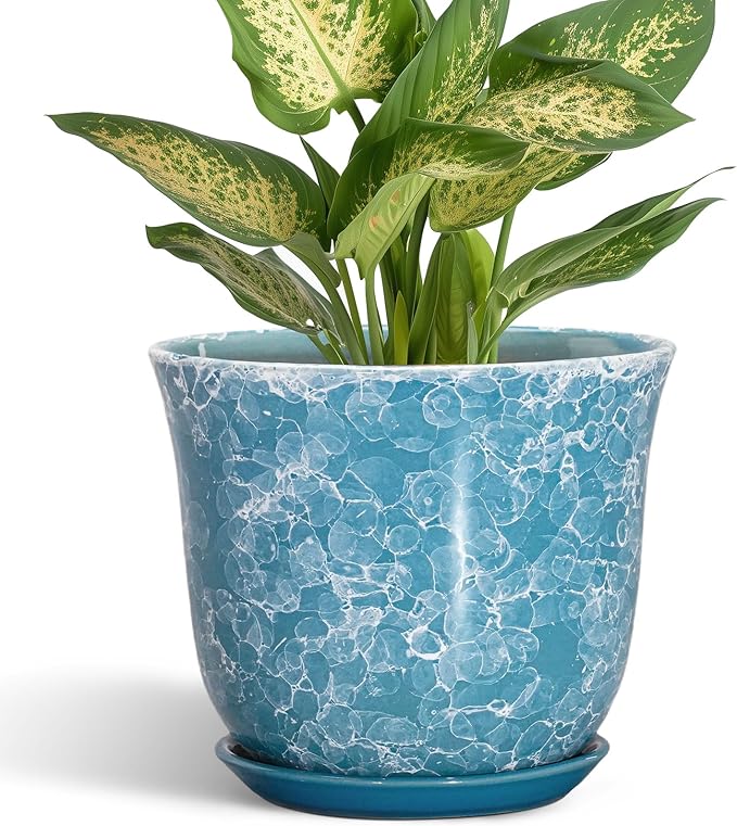 Ceramic Pots for Plants - 5.6 Inch Plant Pot with Drainage Hole and Saucer, Round Succulent Flower Orchid Pot for Indoor Outdoor, Modern Planter, Home Room Decor, Gift for Plant Lover, Blue