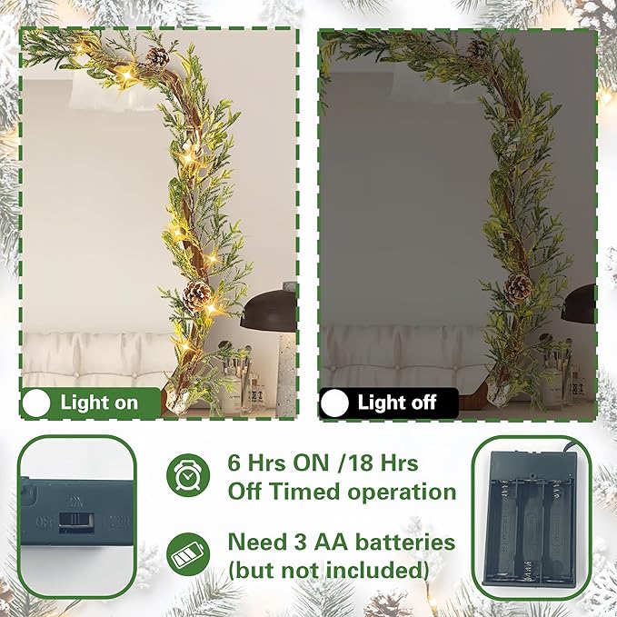 6FT Snow Cedar Pine Garland,Prelit Christmas Garland with Timer,Realistic Garlands Battery Operated for Winter Holiday Outdoor Staircase Decorations 20LED
