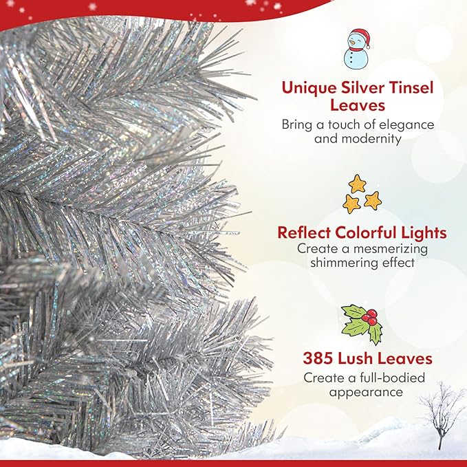 Goplus 5ft Pre-Lit Silver Tinsel Christmas Tree, Artificial Xmas Tree with 385 Branch Tips, 170 Warm White LED Lights, Upgraded Metal Stand, for Home Office Decor