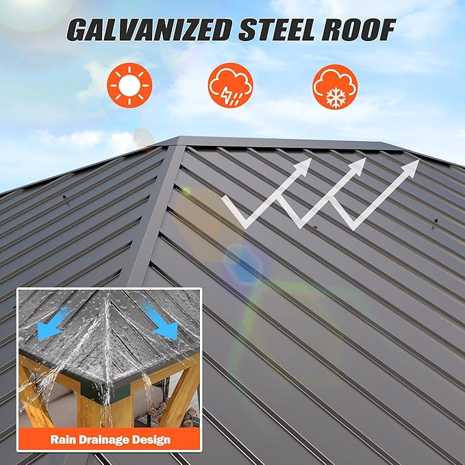 13'x15' Wood Gazebo, Spruce Wood Hardtop Gazebo with 2 Storage Shelves, Galvanized Steel Roof Outdoor Wooden Pavilion for Deck, Garden, Backyard