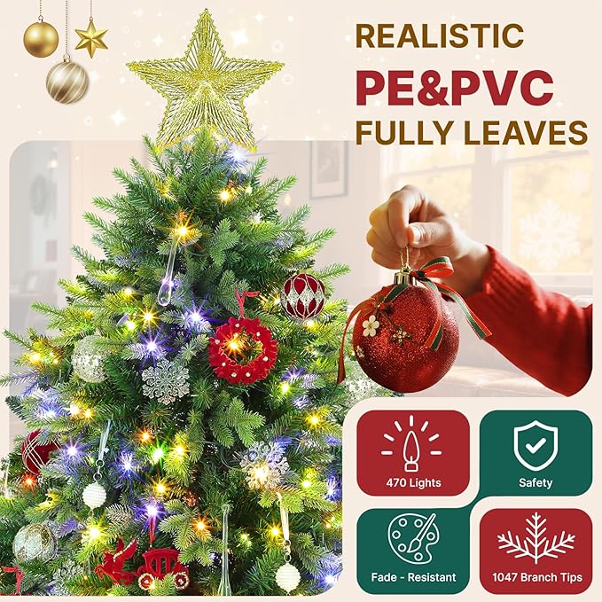 7.5FT Pre-Lit Artificial Full Christmas Tree with 360° Rotating Musical Base, Green Spinning Xmas Tree Holiday Festive Decor with Warm White & Multicolor Lights, 8 Lighting Modes, Timer