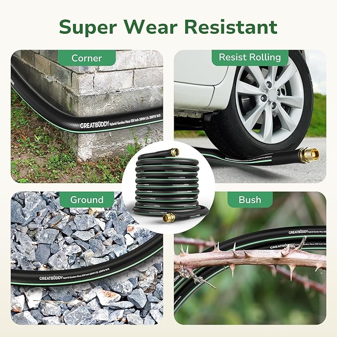 GreatBuddy 100 ft Garden Hose 5/8", Less Kink Heavy Duty Water Hose, Durable & Flexible Hose for Outdoor, Lawn, Car Washing, Pet Bathing and Household