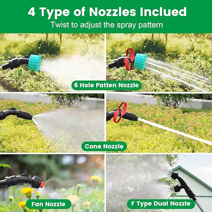 VAXMAY Battery Powered 1.35 Gallon Electric Sprayer, 3 Speeds, 4 Nozzles, Rechargeable, Green, Garden & Lawn