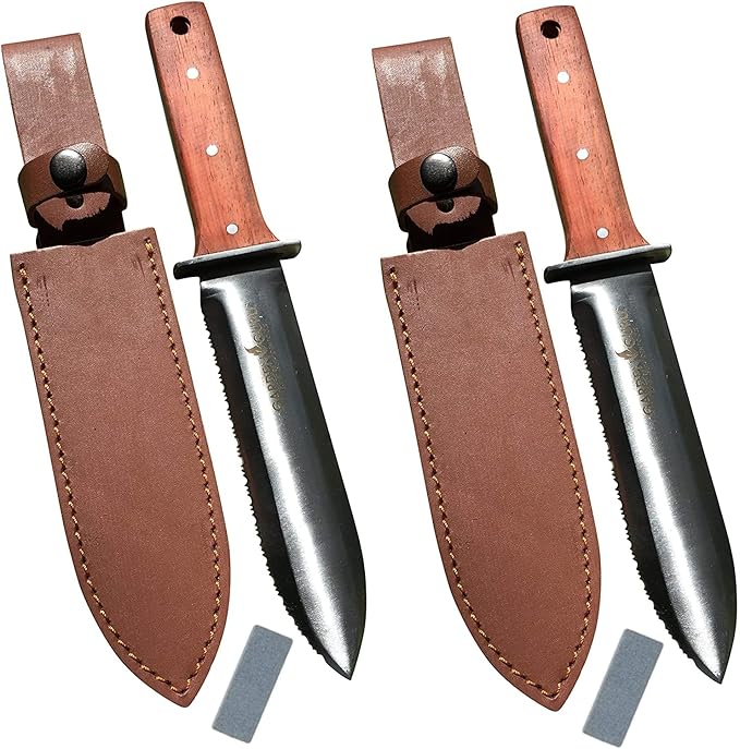 Garden Guru Hori Hori Garden Knife Supreme Set for Weeding, Digging, Pruning, and Cultivating - Stainless Steel Full Tang Blade | Marks for Measuring Planting Depth | Premium Leather Sheath (2 Pack)