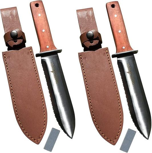 Garden Guru Hori Hori Garden Knife Supreme Set for Weeding, Digging, Pruning, and Cultivating - Stainless Steel Full Tang Blade | Marks for Measuring Planting Depth | Premium Leather Sheath (2 Pack)