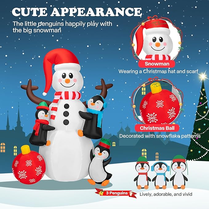 VIVOHOME 6FT Christmas Inflatable Outdoor Decoration, Snowman with Penguin and Red Ball, Navidad Blow Up Yard Decor with Built-in LED Light for Lawn, Garden, Party