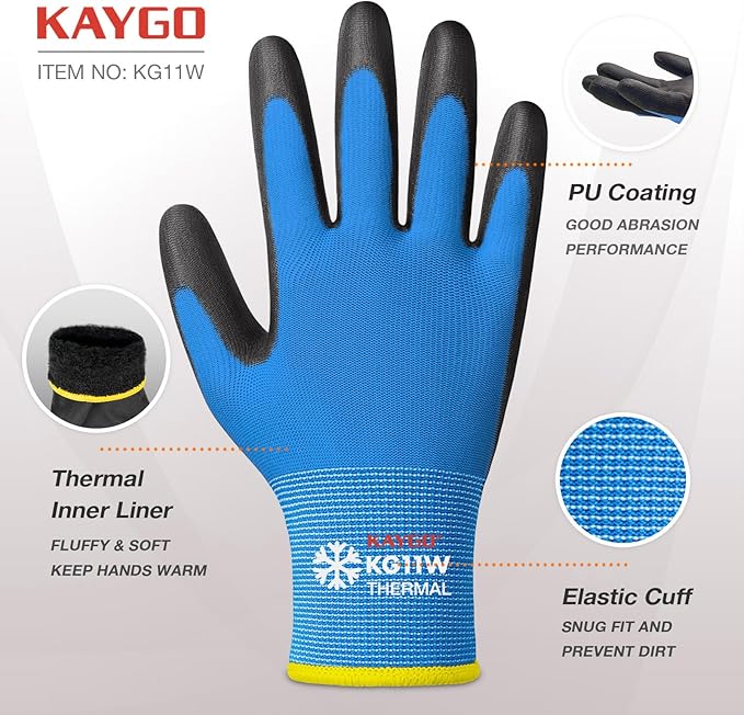 KAYGO Winter Work Gloves for Men and Women, 12 Pairs Thermal Insulated Safety Work Gloves PU Coated, Smooth Grip on Palm & Fingers,Ideal for Freezer Work,Blue,XL