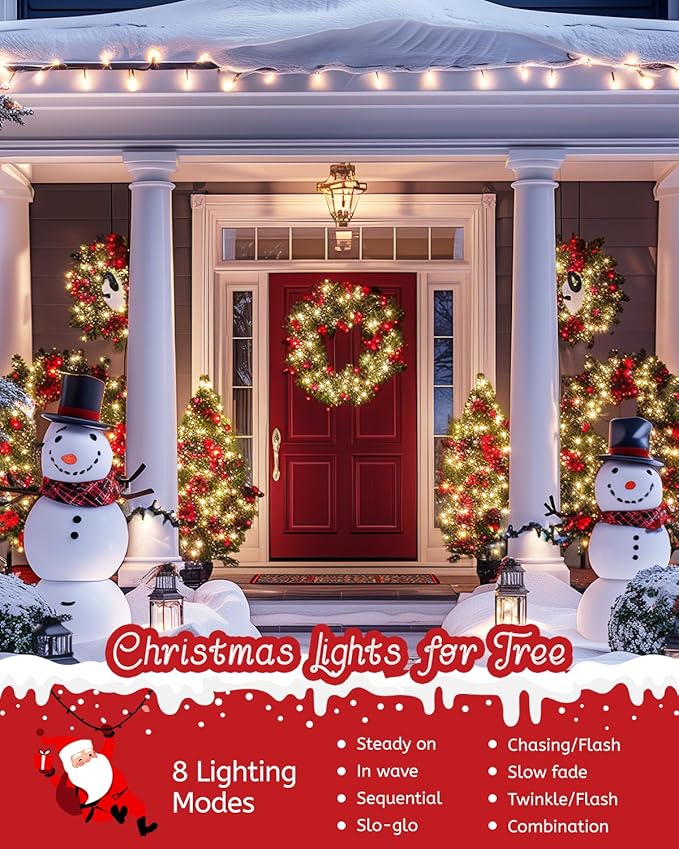 Minetom Christmas Lights, 128ft 400 LED Outdoor Christmas Tree Lights with Remote, 8 Modes String Lights Plug-in Mini Xmas Tree Lights with Timer for Outside Party Decor, Warm White