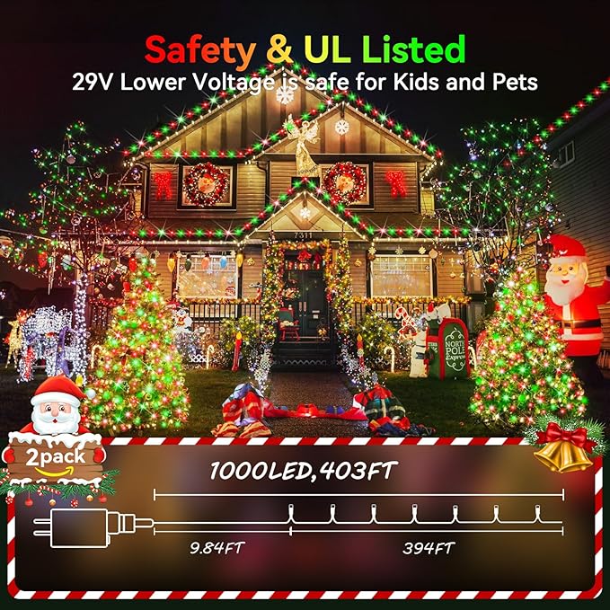 Hezbjiti 2 Pack 1000 LED 403 FT Christmas String Lights Outdoor, 8 Lighting Modes IP44 Waterproof Fairy Lights with Timer and Dimmable Function for Party Tree Decorations (Red+Green, Clear Wire)