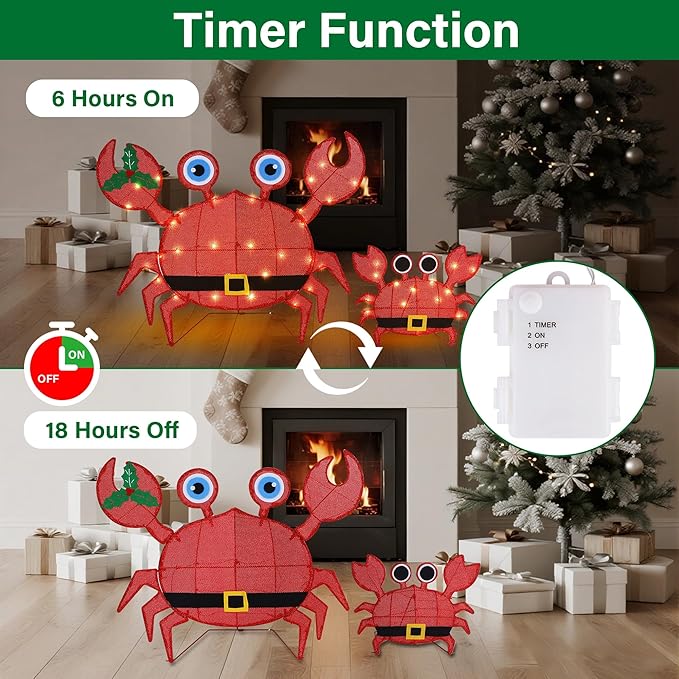 Prsildan Outdoor Christmas Decorations - Set of 2 LED Lighted Crab Yard Decor, 2D Battery Operated Holiday Lawn Figures for Porch, Garden, Home, Xmas Party Decor (Red)