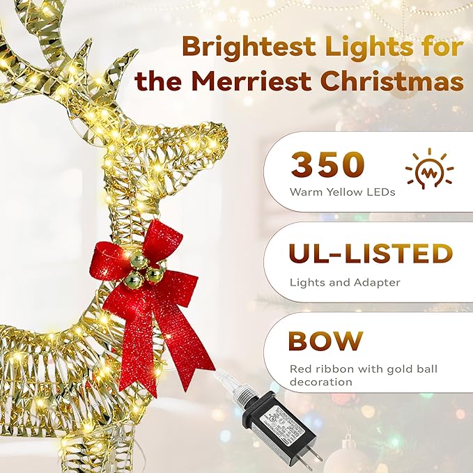 3-Piece Large Christmas Deer Outdoor Decorations, 4.5ft Lighted Reindeer Family Set Christmas Yard Decor, Light Up Reindeer Christmas Decor with 350 LEDs, Stakes, Zip Ties, Unique Gold Rattan