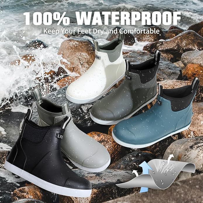 Mens Deck Boots, Saltwater Fishing Booties Rubber Waterproof Ankle Rain Boots, High-performance Footwear Chelsea Boots for Gardening Fishing Boating Camping Sailing