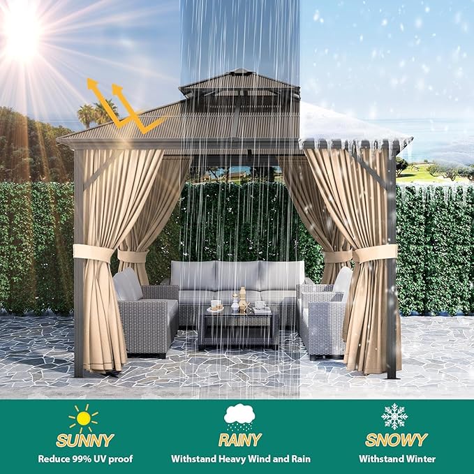 10X13FT Outdoor Hardtop Gazebo with Aluminum Frame, Heavy-Duty Double Roof Polycarbonate Gazebo Including Mesh Netting and Sunshade Curtains, for Patios, Terraces, Lawns, Decks, Brown + Khaki