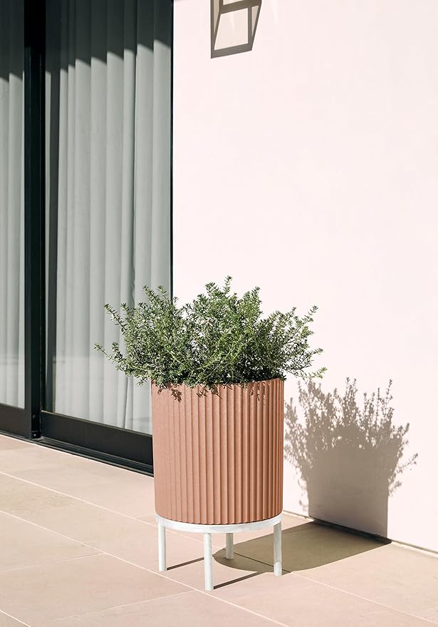 Veradek Demi Series Round Planter w/Stand for Porch/Patio | Durable Plastic-Stone Composite & Wooden Stand | Modern Décor for Tall Plants, Flowers