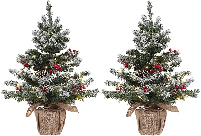 24 Inch 2 FT Pre-lit Snowy Mini Christmas Tree, DECSPAS Small Tabletop Flocked Christmas Tree with 20 LED Lights Red Berries Pine Cones and Cloth Bag Base Xmas Decorations for Holiday Party (Color B)