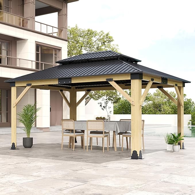 13x15FT Wood Gazebo,Outdoor Wooden Gazebo with Galvanized Steel Double Roof, Hardtop Gazebos for Garden, Patio, Deck, Backyard