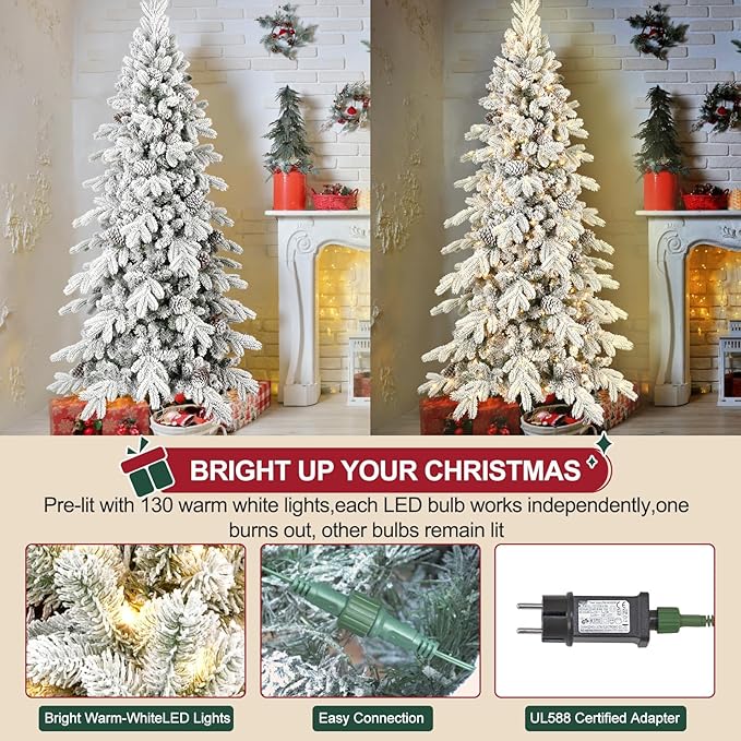 7.5 FT Pre-Lit Snow Flocked Slim Fir Christmas Tree with 1424 PE & PVC Mixed Branch Tips,Artificial Skinny Pencil Xmas Tree with 900 Warm-White Lights & 40 Pine Cones,Hinged Pine Tree with Metal Stand