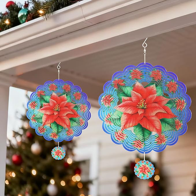 Wind Spinners Outdoor Christmas Poinsettia - Birthday Gifts for Women Mom Grandma, Hanging Wind Sculptures 12 inch 3D Wind Spinner for Garden Decor for Outside, Garden, Patio, Yard, Outdoor（Red
