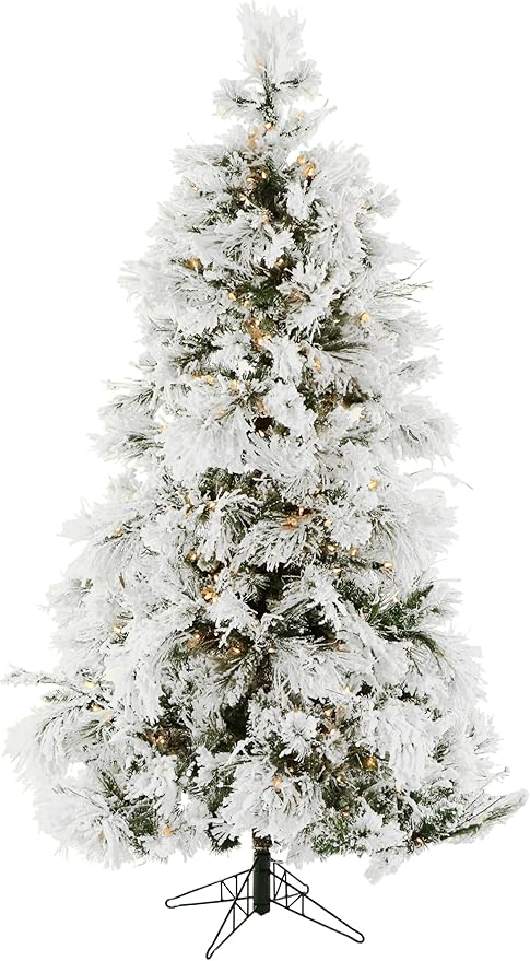 Fraser Hill Farm 9-Ft. Snowy Pine Flocked Artificial Christmas Tree with White Incandescent Smart Lights and Stand, Prelit Foldable Fake Tree with Realistic Snowy Foliage for Home Decoration