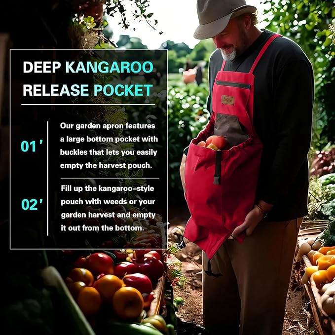 Gardening Apron with Harvesting Pouch for Women/Men, Adjustable Cross Back，Zippered Phone Pocket - Great Gift