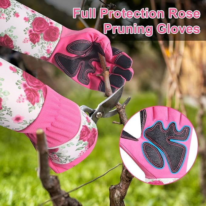 DLY Gardening Gloves for Women, Rose Gloves Gardening Thorn Proof, Long Garden Gloves for Women, Breathable & Durable Leather Gauntlet(Medium, Rose Red)