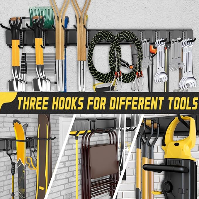 64'' Garage Tool Organizer Wall Mount, 18 PCS Adjustable Garden Tool Hanger Rack, Garage Hooks Heavy Duty, Shovel Holder Wall Mount, Storage Hooks for Hanging in Garage