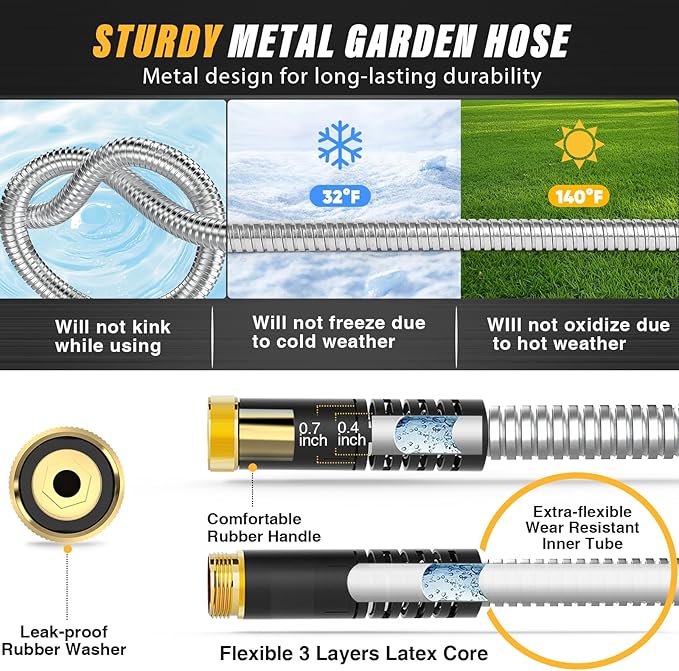 Lefree Garden Hose 50ft, Stainless Steel Garden Hose Metal, Flexible Water Hose with 10-Function Nozzle, Crush Resistant, Leak Proof, No Kinks Heavy Duty Hose for Yard, Outdoors, Rv