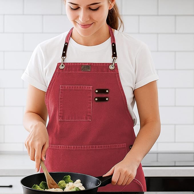 LEATHER VILLAGE Chef Aprons for Men Women with Large Pockets, Cotton Canvas Cross Back Adjustable Work Apron, Size M to XXL