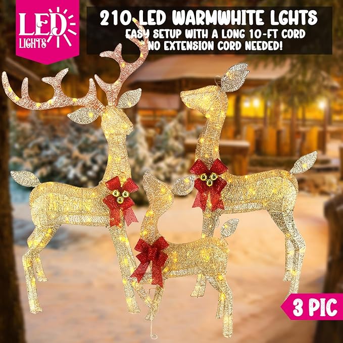 Outdoor Christmas Reindeer with Lights, 4ft Tall Set of 3 Deer with 240 LEDs, Ground Stakes, Perfect as Vintage Christmas Home Decor for Patio, Lawn, and Outdoor Party Decorations, Gold