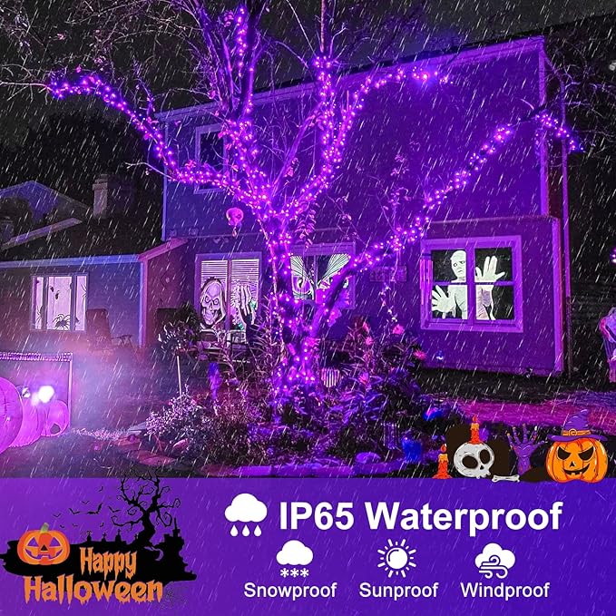 Purple Halloween Lights Outdoor, 100FT 300 LED Halloween String Lights with 8 Modes Waterproof, Plug in Green Wire Twinkle Tree Light for Indoor House Patio Garden Party Decorations