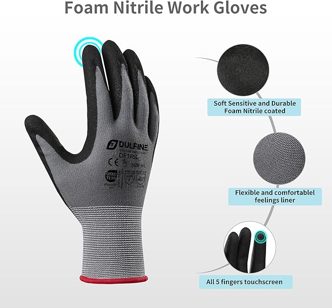 DULFINE Work Gloves for Men & Women,6 Pairs Pack,Touchscreen MicroFoam Nitrile,Ideal for General Purpose,Home Improvement