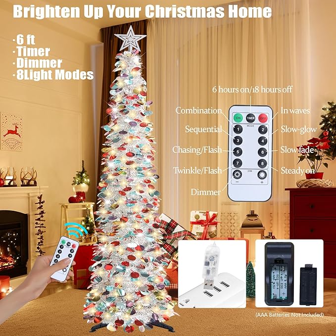 HMASYO 6 FT Pop Up Christmas Tree with 100 LED Lights & Remote, Silver Christmas Tinsel Tree, Collapsible Artificial Pencil Tree for Home Office Party Decor, USB Powered Timer Lights, Easy Assembly