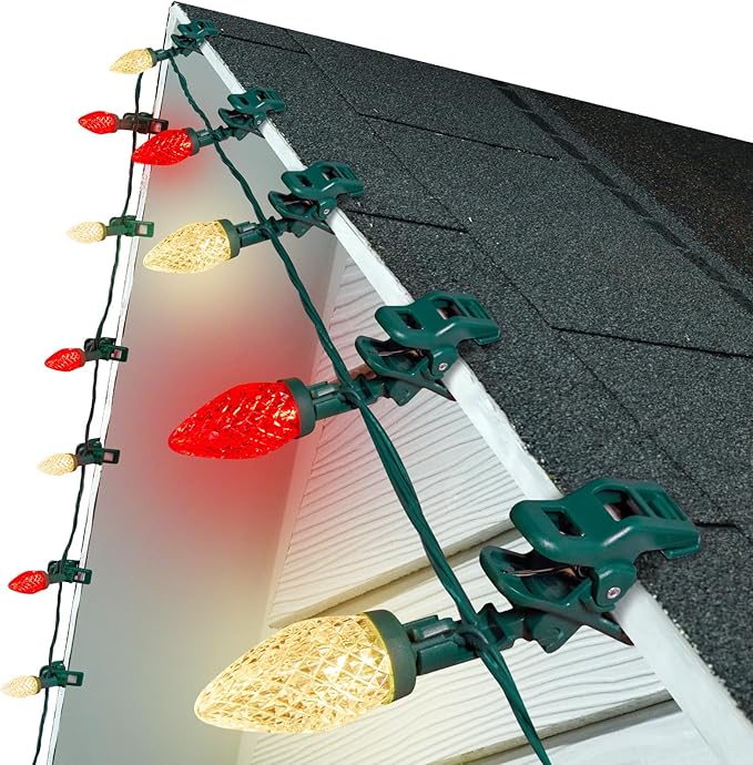 C9 LED Christmas Lights Outdoor, 66 Feet 100 LED C9 String Light with 100 Spring Clips, Waterproof Connectable Christmas Tree Lights for Outside Roofline Patio Home Xmas Decor, Red & Warm White