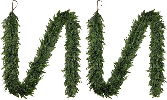 2PCS Christmas Cedar Garland 9Ft Artificial Realistic Soft and Thickness Green Faux Cedar Pine Garlands, Holiday Xmas Decoration Stairs Wall Mantle Door Indoor Outdoor(2pcs, 9ft)
