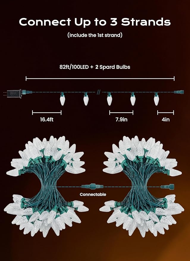 C9 Christmas Lights Outdoor, 66 FT 100 LED Connectable C9 String Lights with 8 Modes and Timer Extendable Xmas Tree Patio Roofline Garden Yard Holiday Party Indoor Outdoor Decoration, Warm White