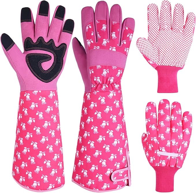 Long Sleeve Thorn Proof Gardening Gloves for Women - 1 Pair Long and 1 Pair Short for Yard Work - Gardening Gifts (Pink, Large)