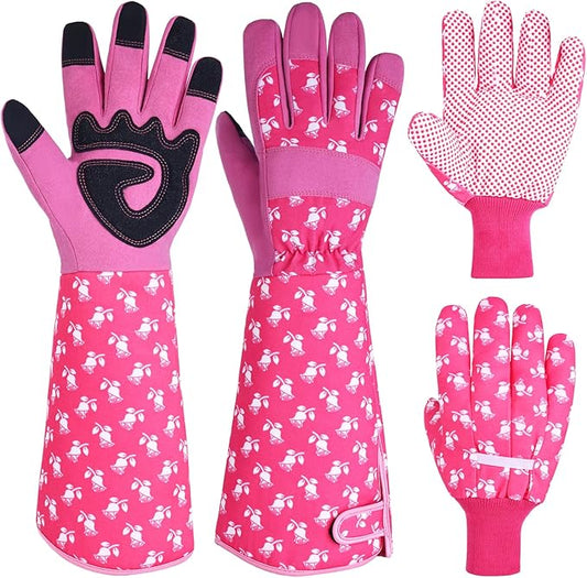 Long Sleeve Thorn Proof Gardening Gloves for Women - 1 Pair Long and 1 Pair Short for Yard Work - Gardening Gifts (Pink, Large)