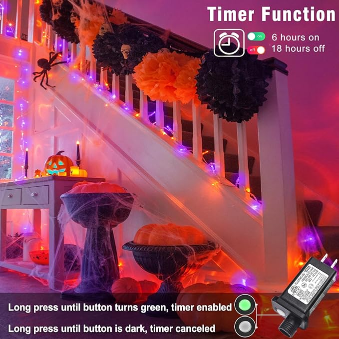 66FT 200 LED Outdoor String Lights, Orange & Purple Halloween Lights Waterproof with 8 Modes, Connectable Clear Wire Twinkle Light for Indoor Bedroom Tree Patio Garden Party Decorations