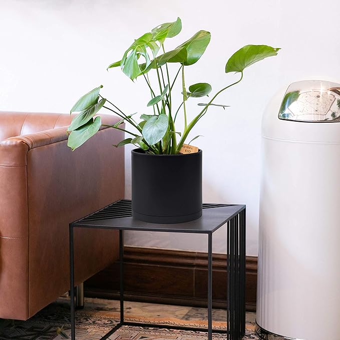 D'vine Dev 8 Inch Plastic Planter Pots for Plant Pot with Drainage Hole and Seamless Saucers, Black Color, 74-X-B-1