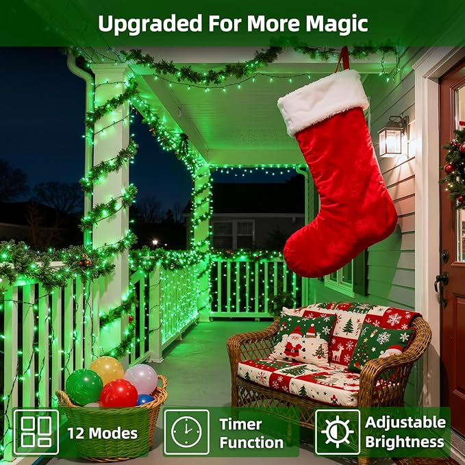 300LED Chrstmas Lights, 75ft Indoor Outdoor Christmas String Lights with 12 Modes, Green Christmastree Lights with Timer Dimmable Connectable for Fence Garden Xmas Wedding Party Decor Green