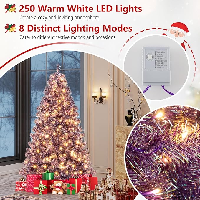 Goplus 6 FT Pre-Lit Tinsel Christmas Tree, Artificial Hinged Xmas Tree with 250 Warm White LED Lights, 8 Modes, 688 Lush Branch Tips, Metal Stand, Home Office Seasonal Holiday Decoration, Purple
